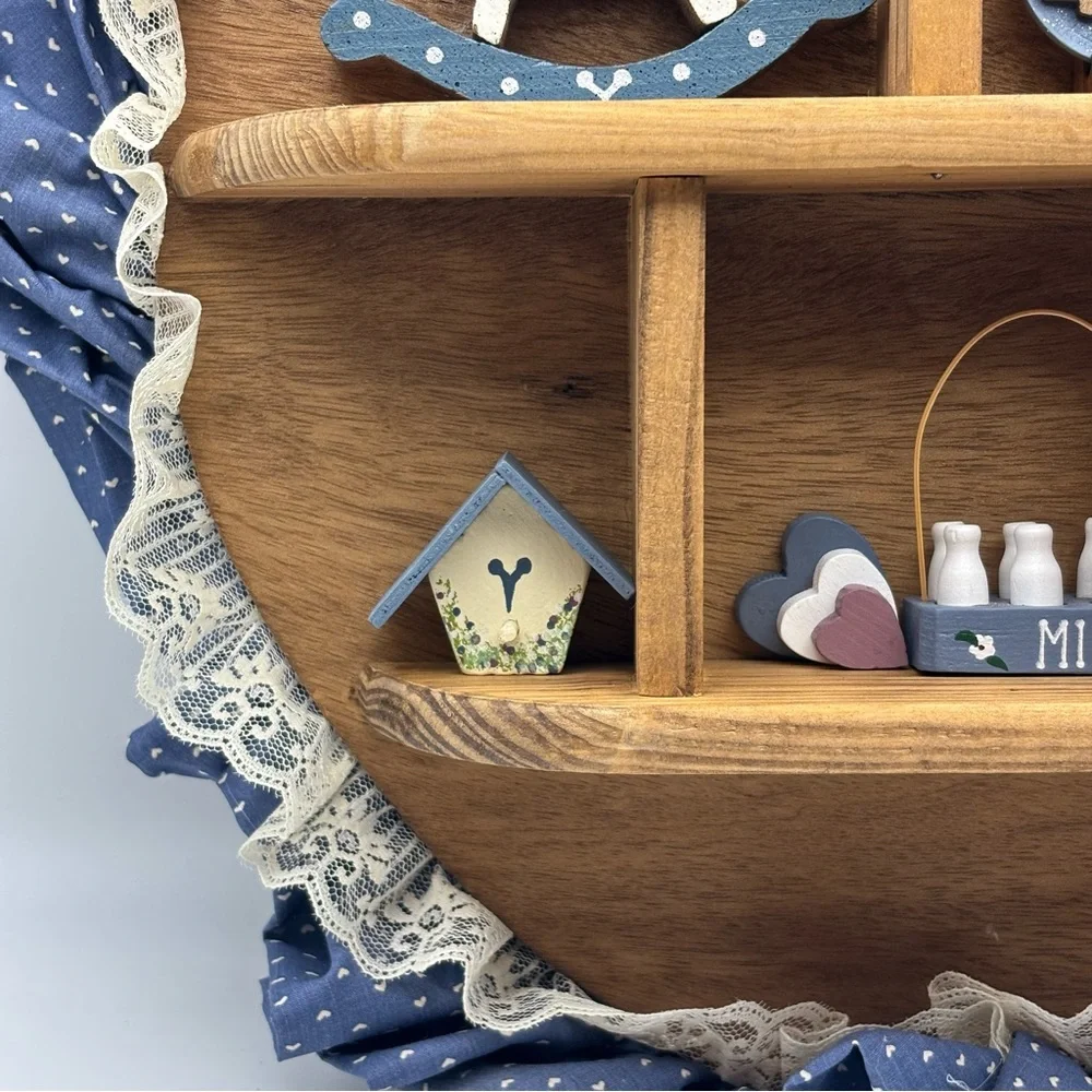 Vtg Wood Wall Shelf Curio Shadow Box Heart Dividers Display Country Farmhouse